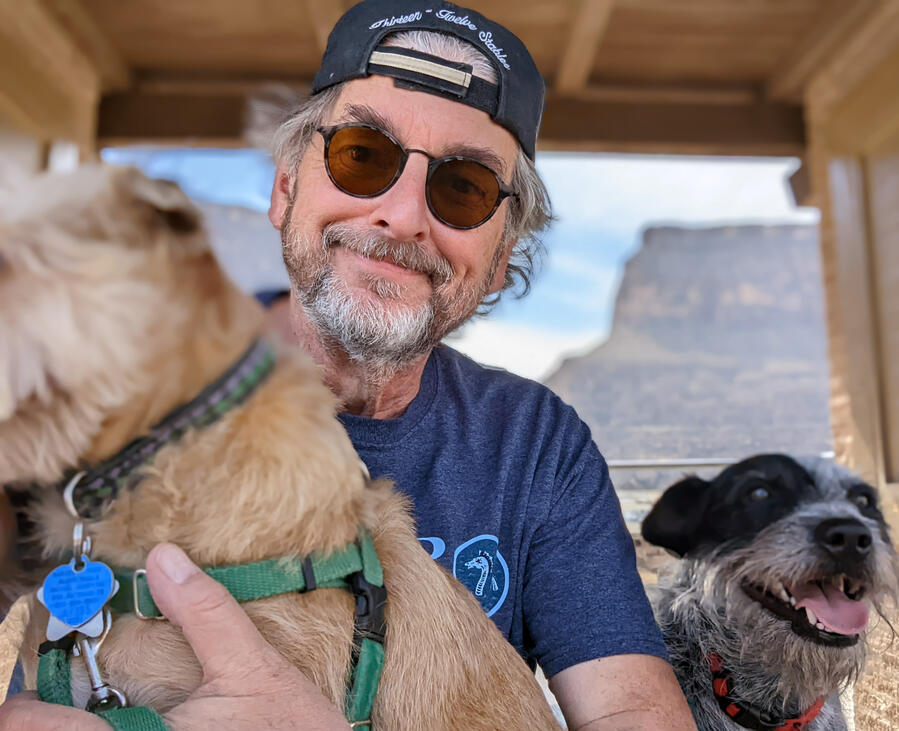 William at Santa Elena Canyon in Big Bend National Park, with his dogs Marty and Harry